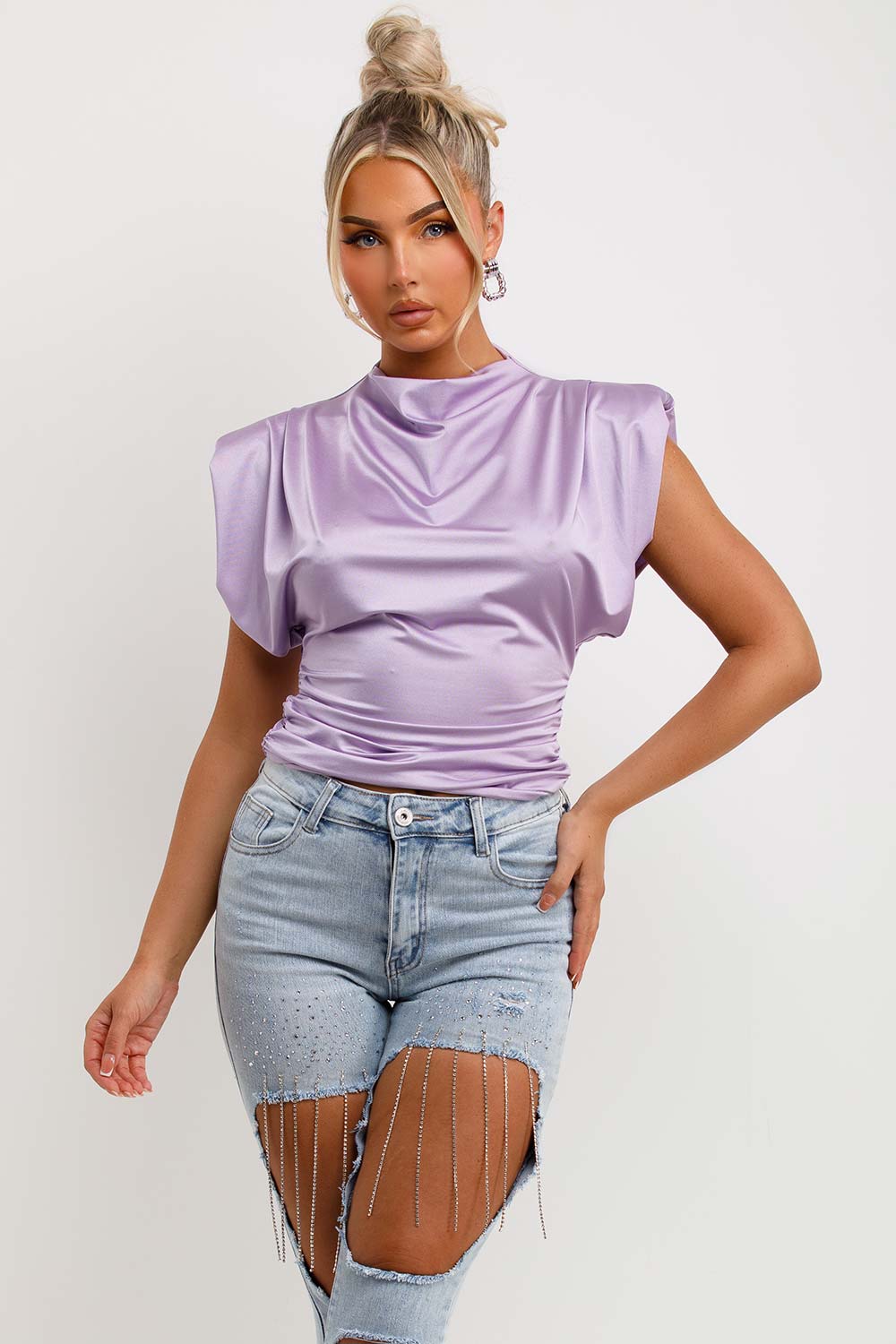 womens padded shoulder drape cowl neck satin top