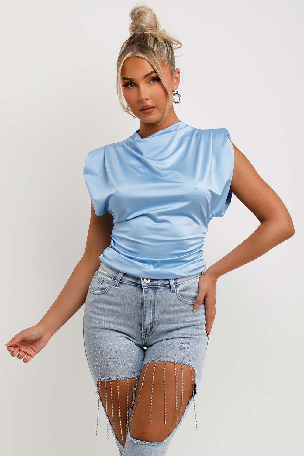 womens satin drape cowl neck padded shoulder occasion going out summer top