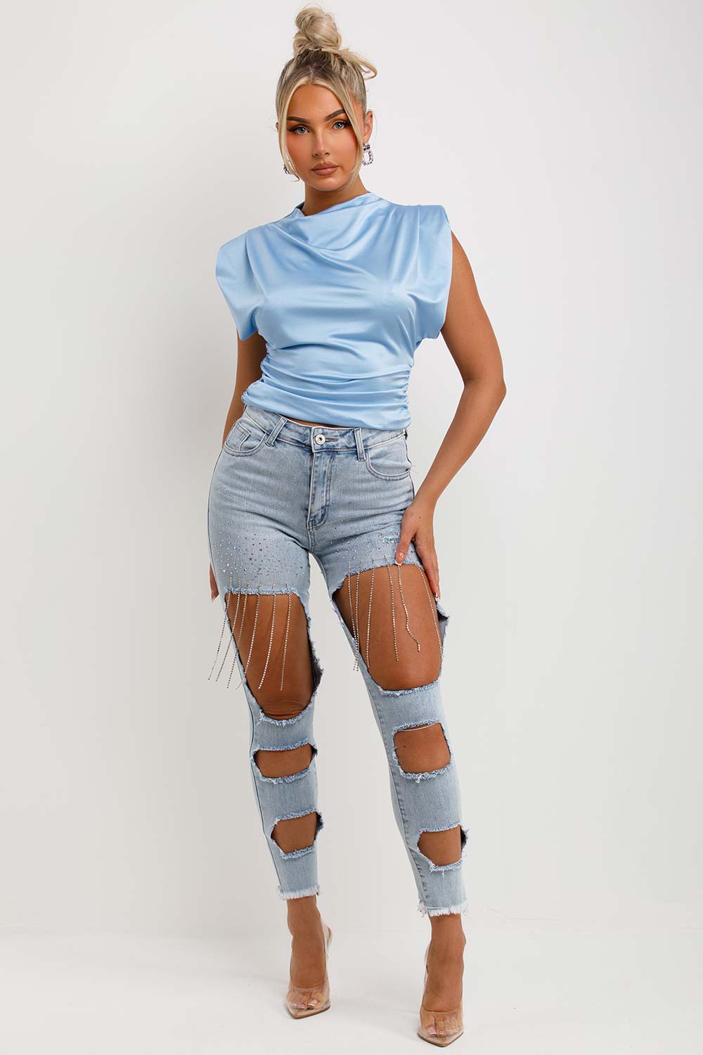 sky blue padded shoulder satin drae cowl neck going out summer occasion top