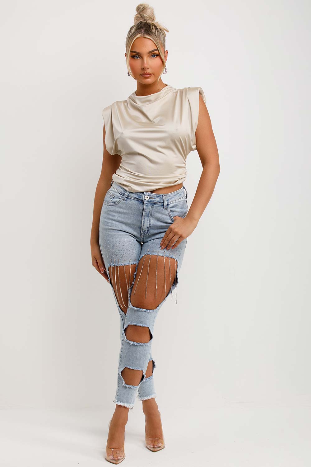 womens padded shoulder cowl neck top summer occasion outfit