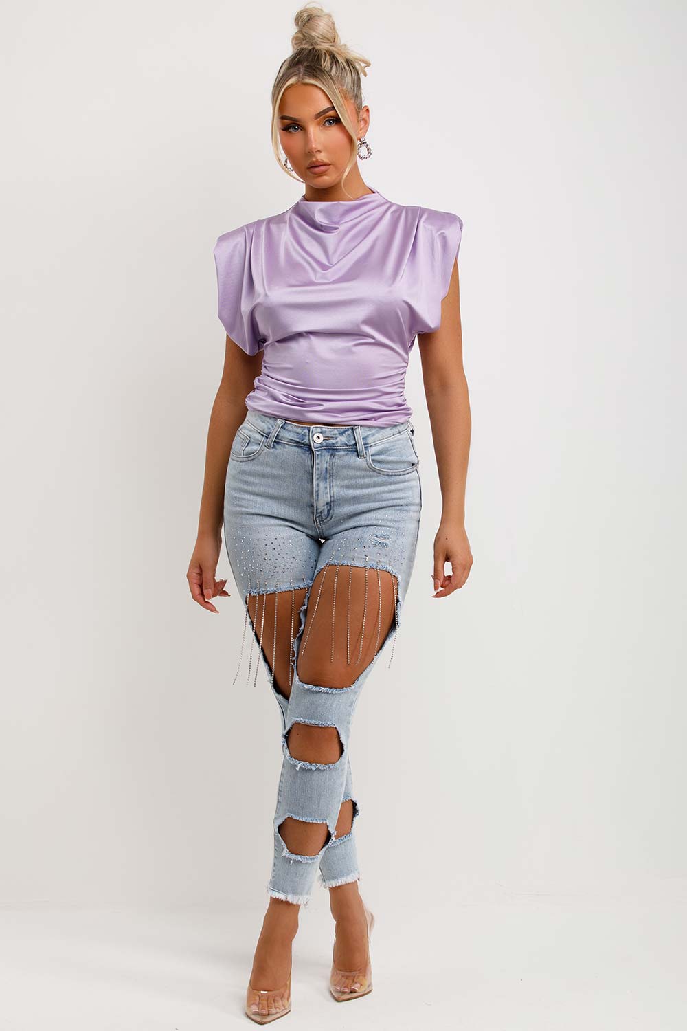 drape cowl neck summer occasion going out satin top with shoulder pads