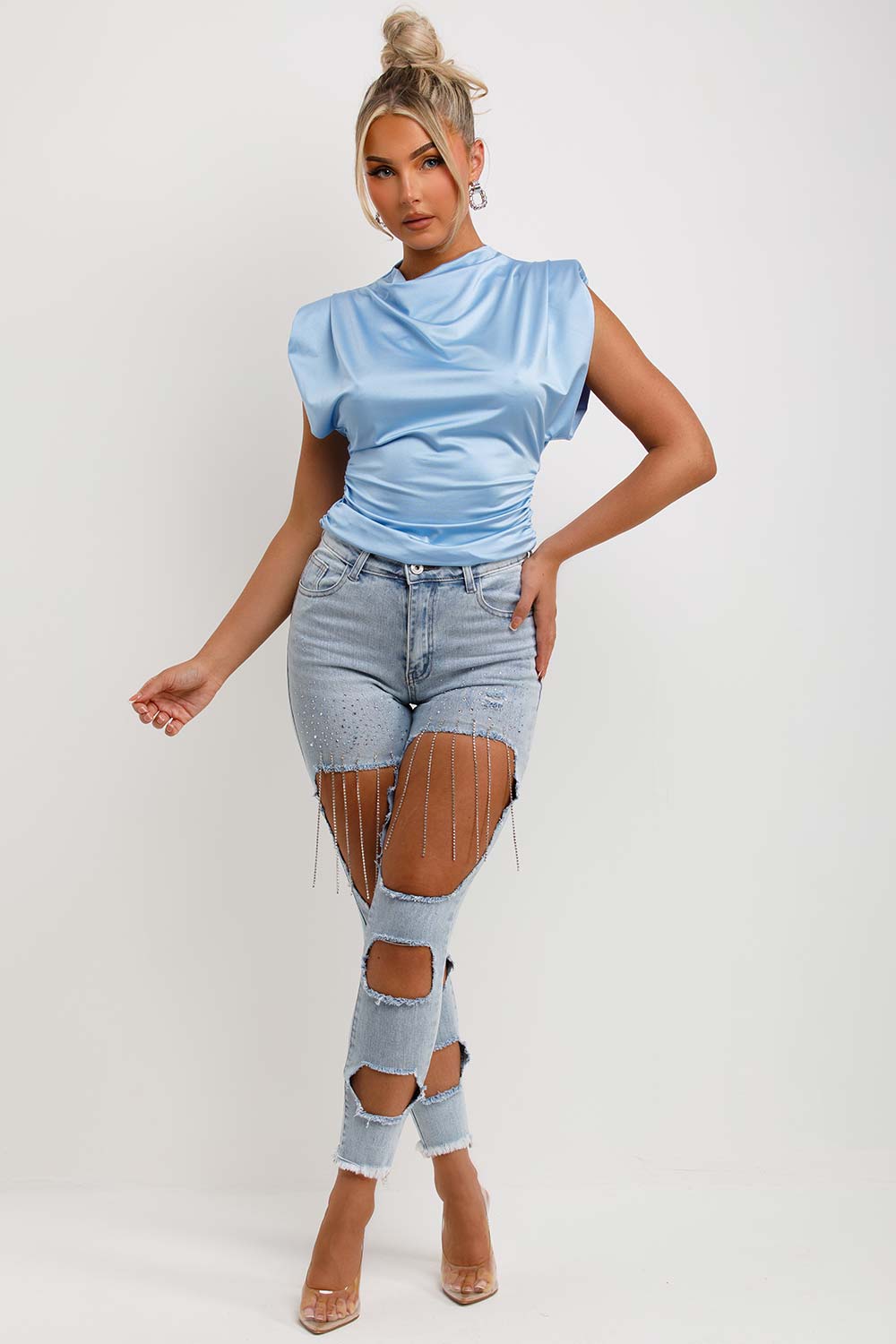 satin drape cowl neck top with padded shoulders