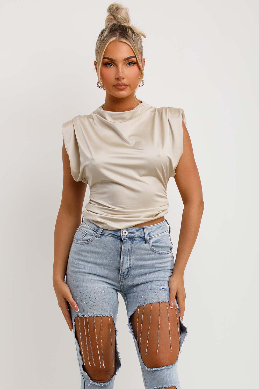 satin cowl neck padded shoulder occasion going out top