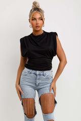 black satin drape cowl neck top with padded shoulders