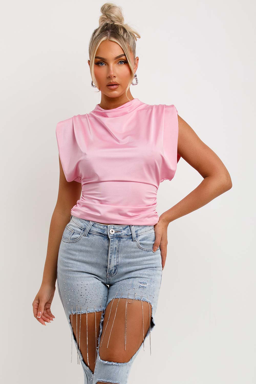 pink satin drape cowl neck occasion top with padded shoulders