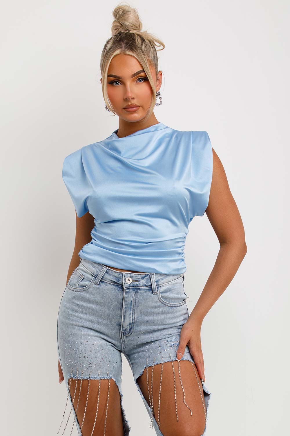 womens summer occasion padded shoulder top sky blue