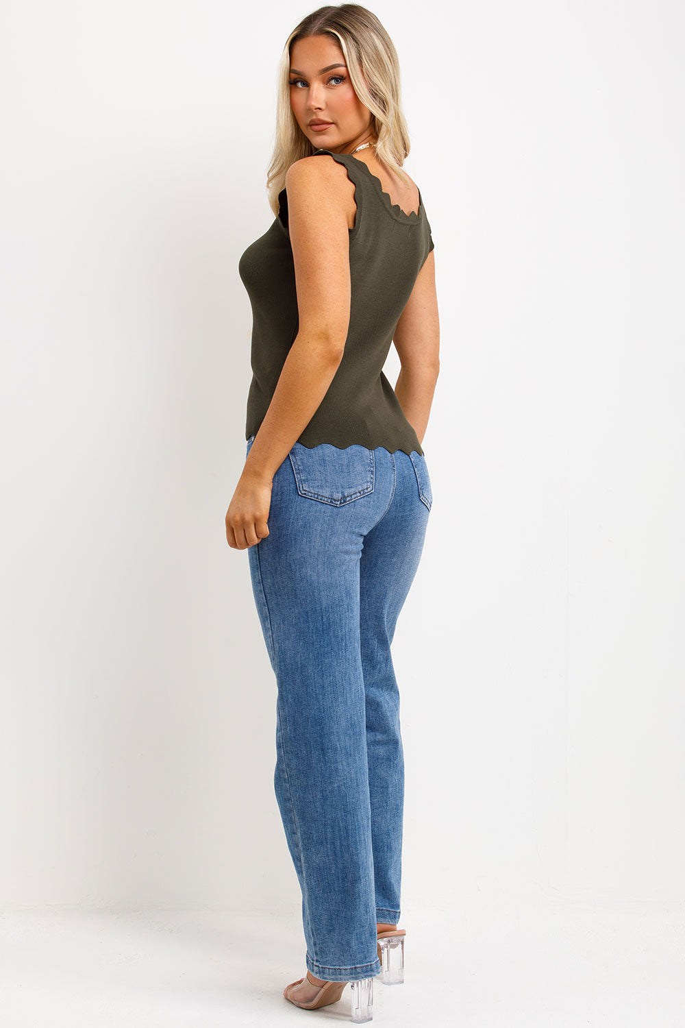 womens knitted vest top with scalloped neck