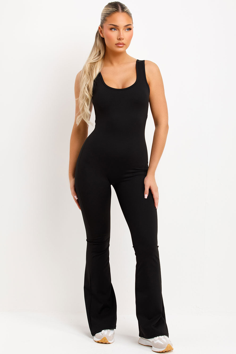 womens black booty lifting skinny flare leg jumpsuit unitard