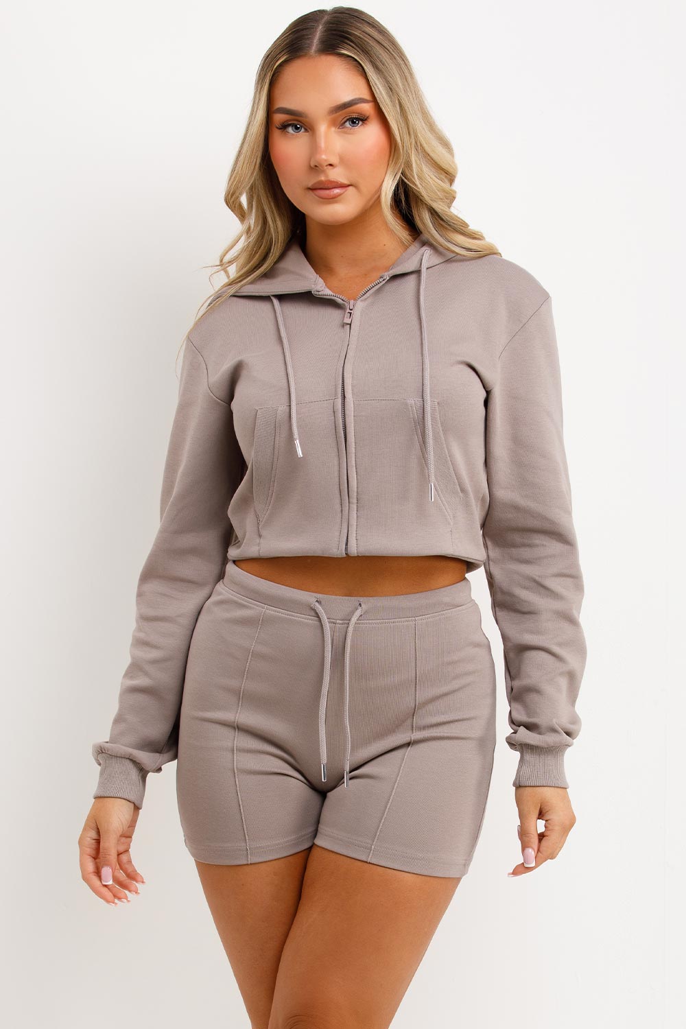 crop hooded sweatshirt and short two piece loungewear tracksuit set zara womens