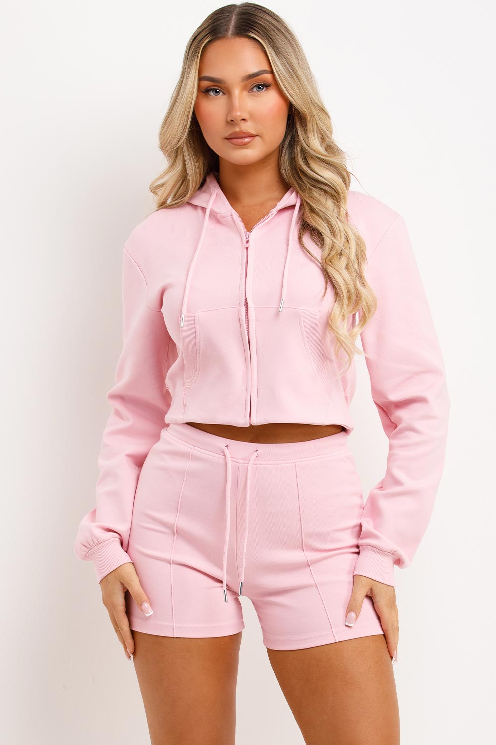 zara womens shorts and crop sweatshirt with hood two piece loungewear set sale crop tracksuit