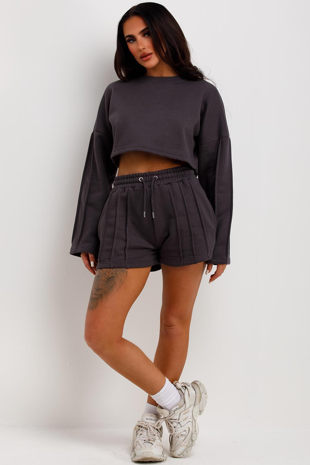 womens crop sweatshirt and shorts two piece tracksuit set