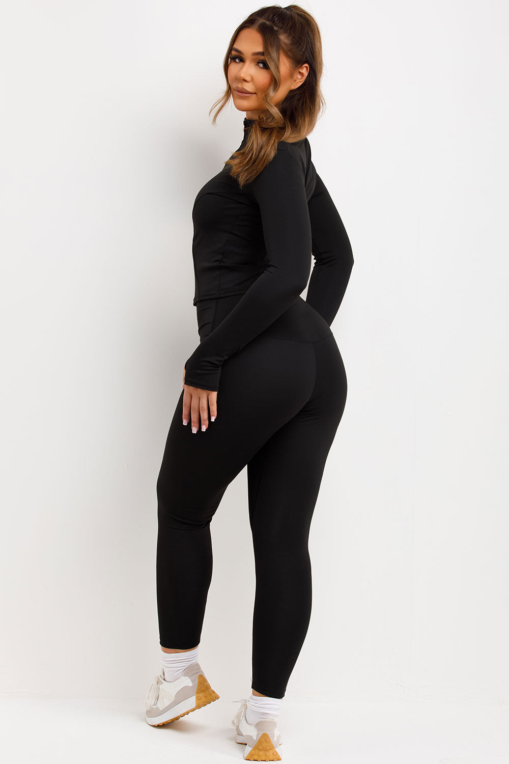 womens lululemon black zip up sports jacket and seamless leggings two piece co ord set skims uk