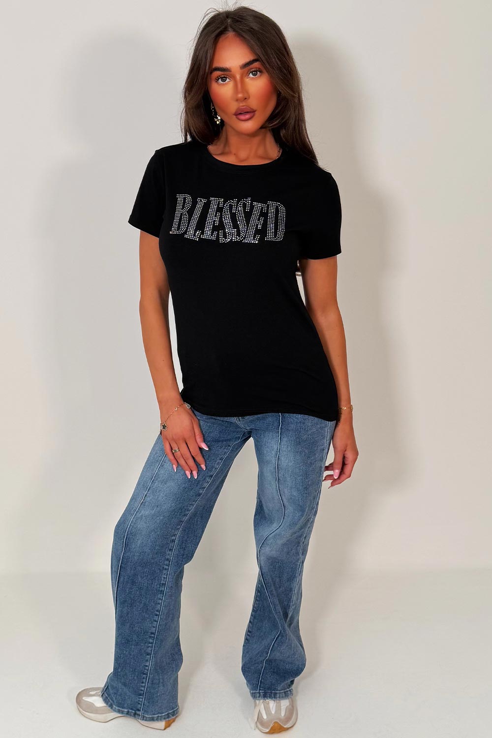 womens black t shirt with diamante rhinestone embellishment blessed slogan