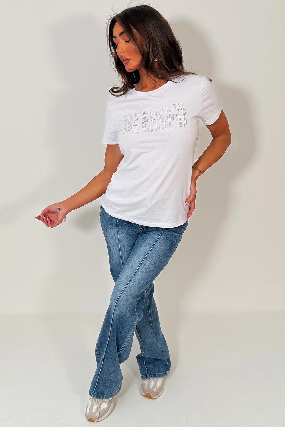 womens rhinestone diamante embellishment t shirt white styledup fashion