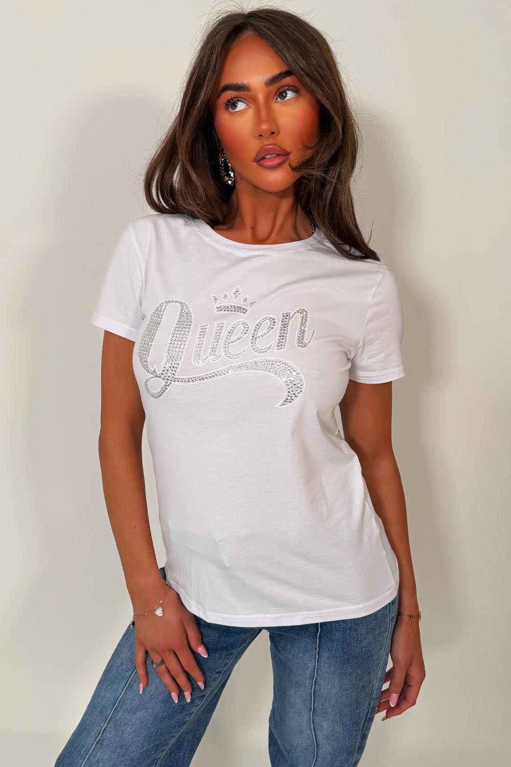 diamante queen rhinestone white baby tee shirt styledup fashion