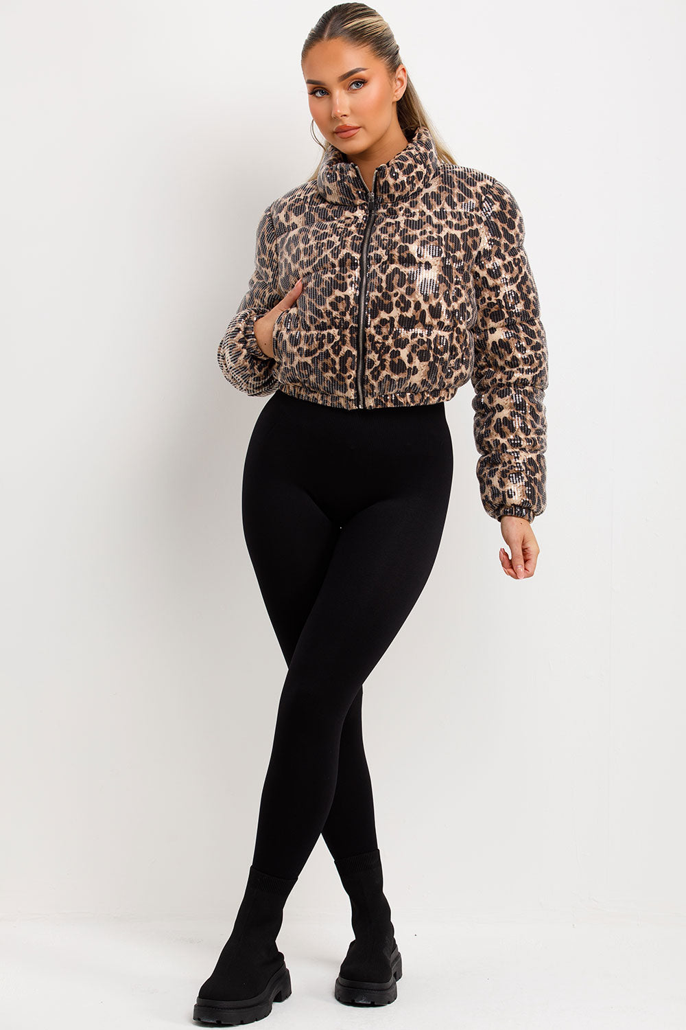 crop puffer padded winter jacket leopard print styledup