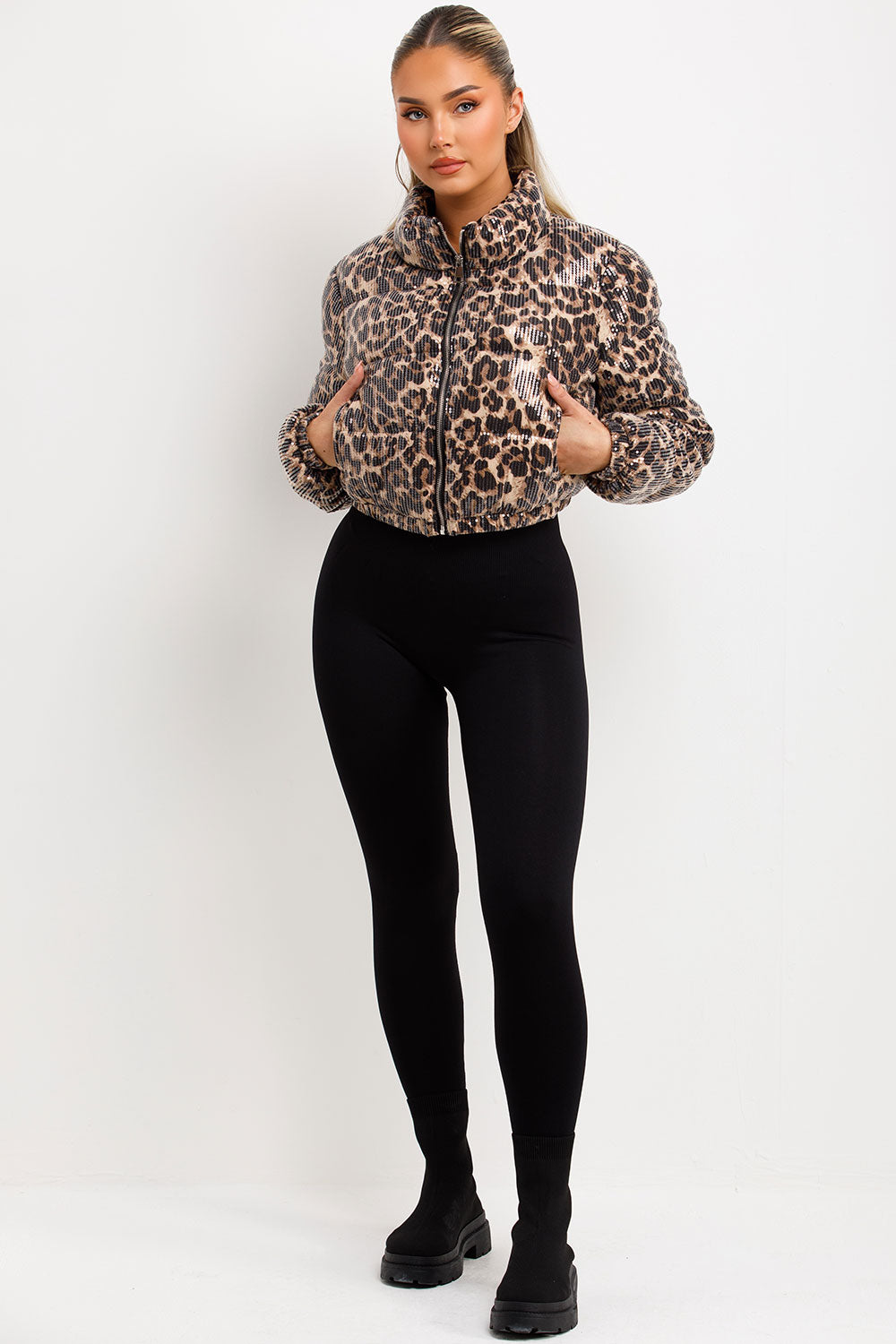 sequin leopard print crop puffer jacket winter outerwear styledup