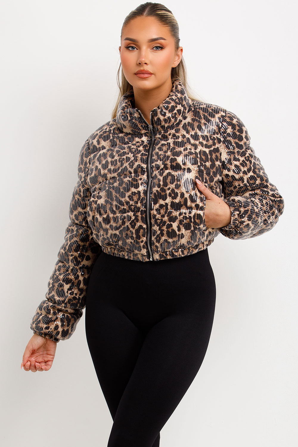 sequin animal print winter puffer jacket styledup