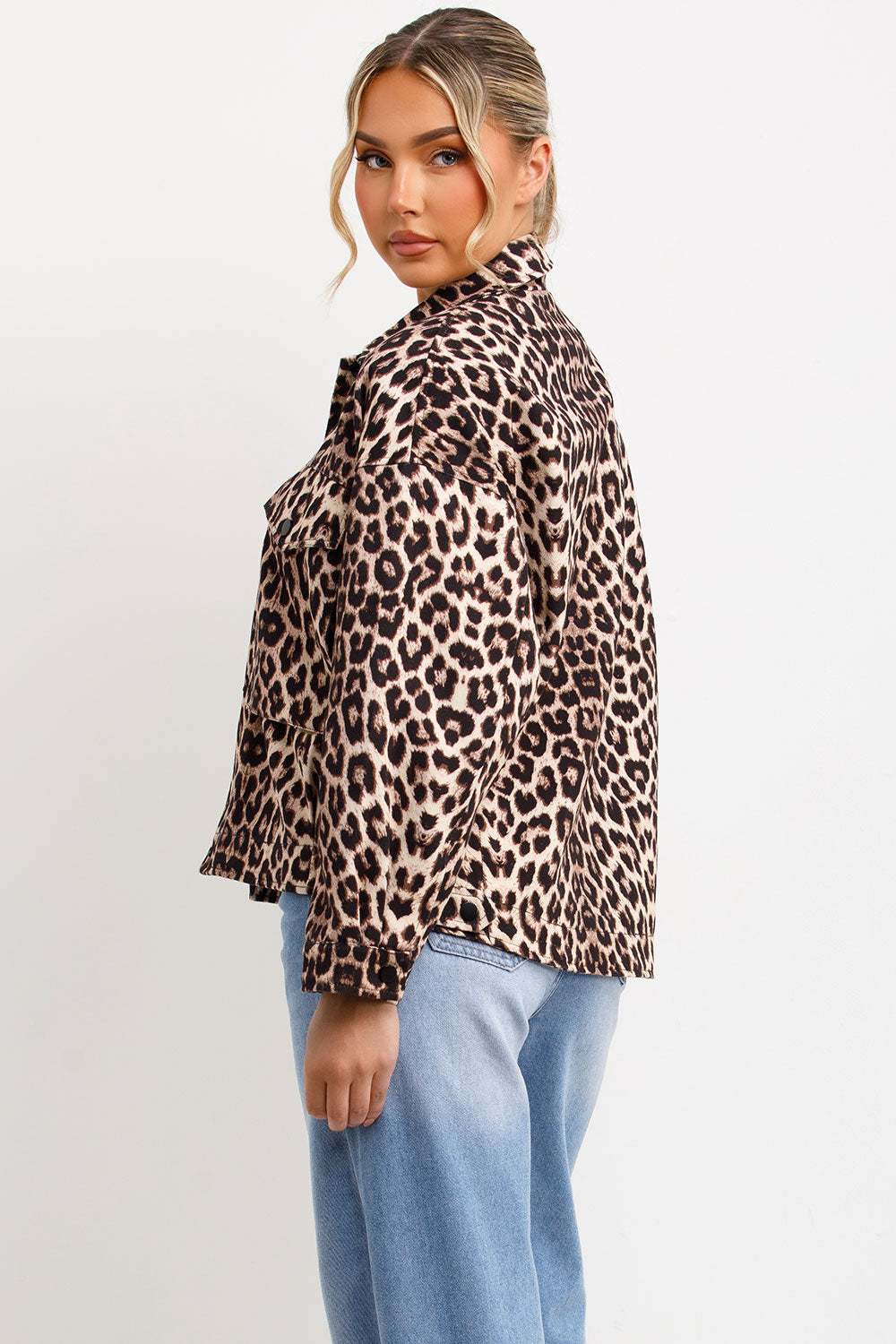 womens leopard print jacket with front pockets