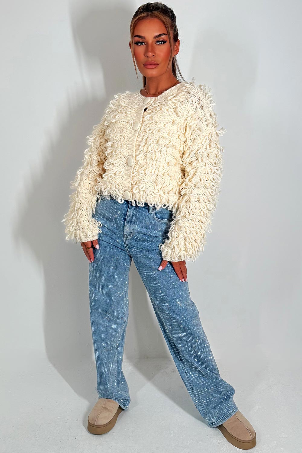 womens knitted cardigan jumper with shaggy loop fringes detail