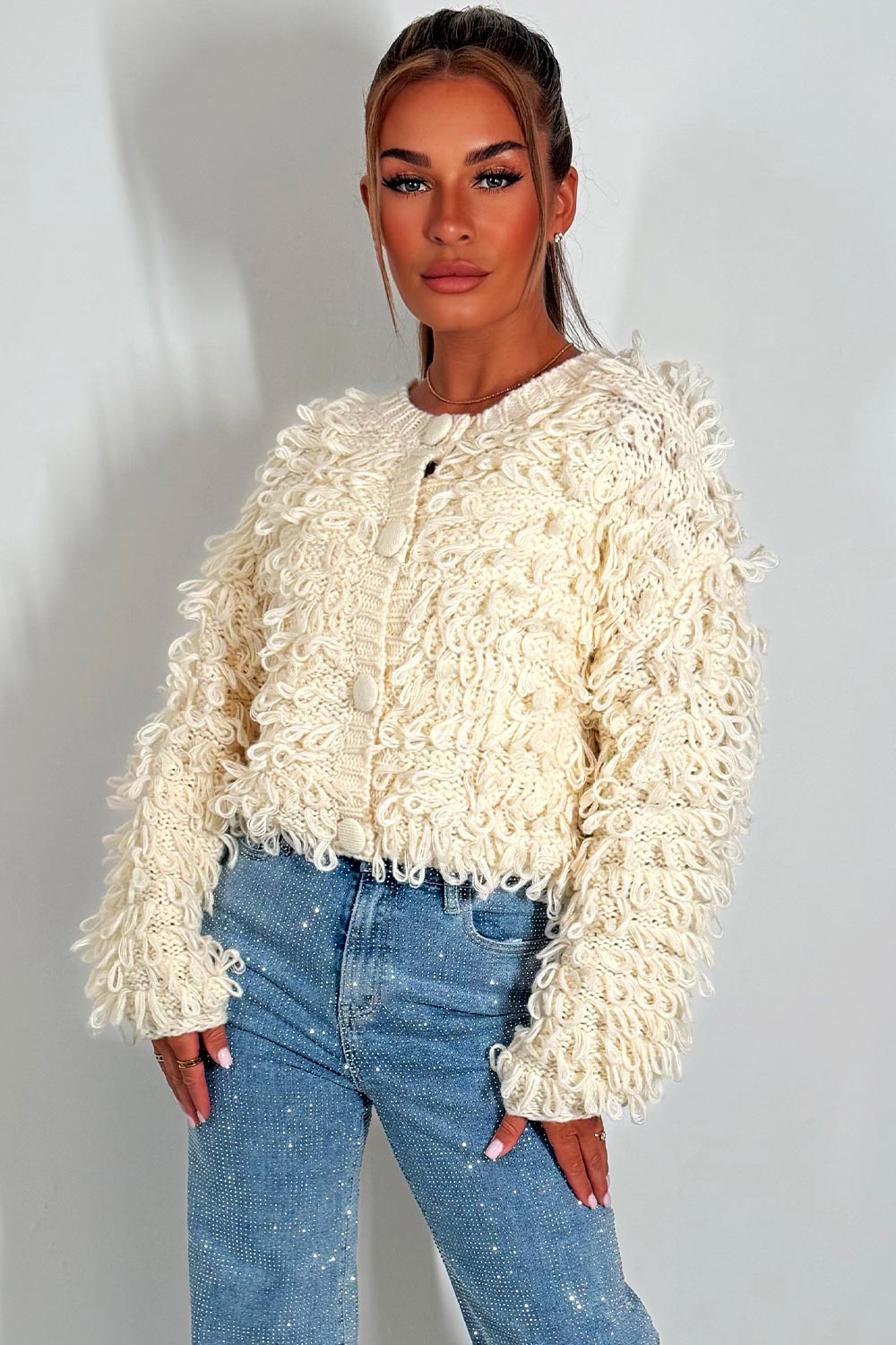 shaggy loop fringes cardigan jumper womens christmas market outfit