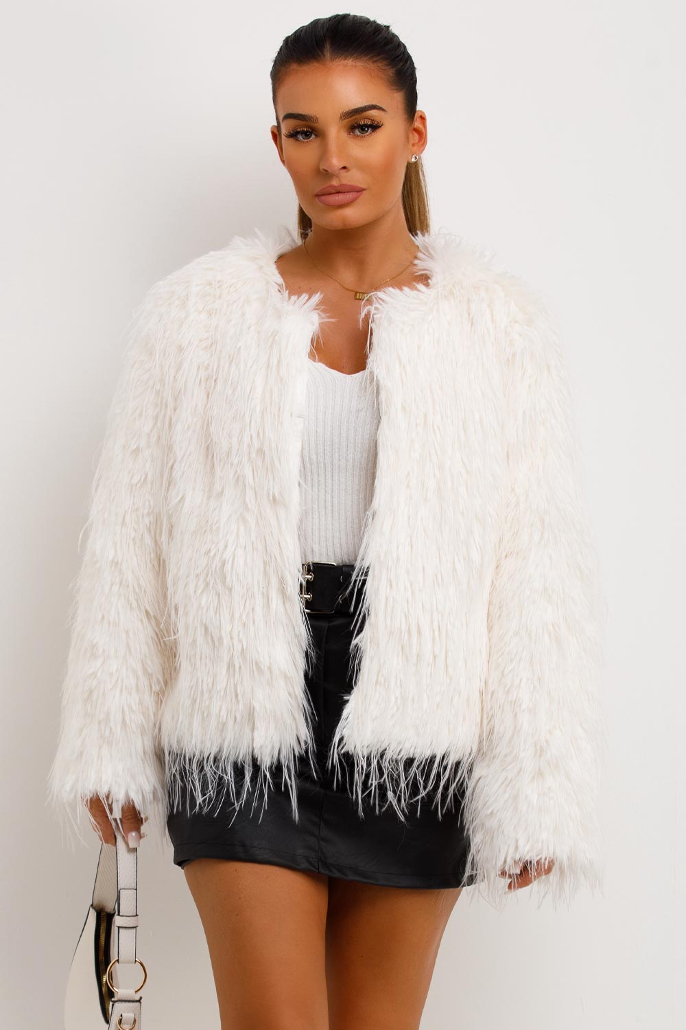 white shaggy faux fur jacket womens