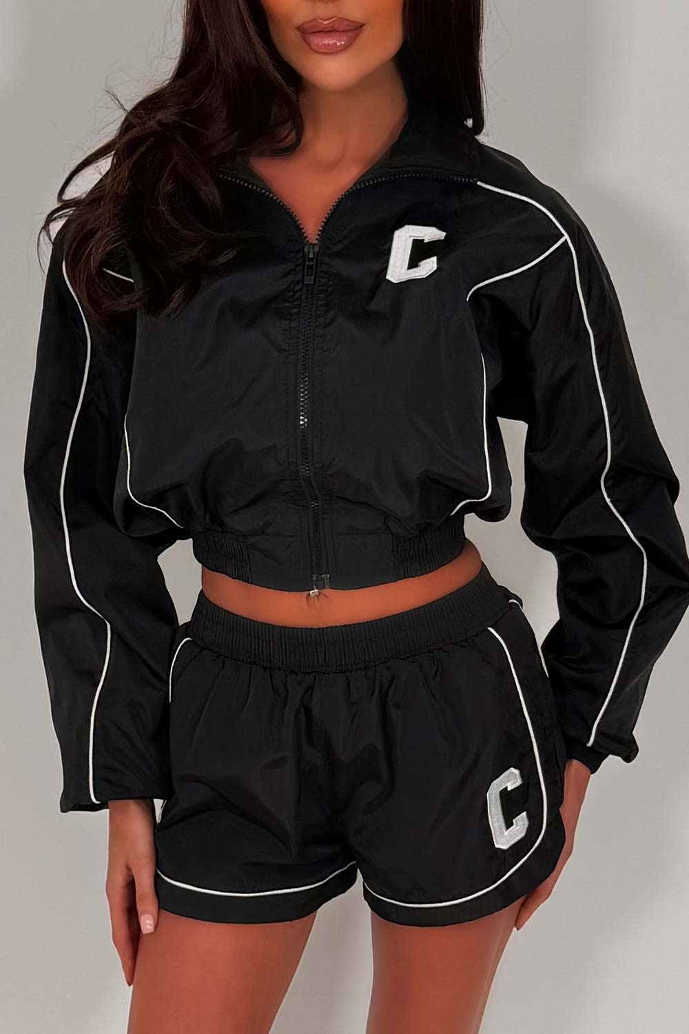 funnel neck jacket and shorts tracksuit two piece co ord set womens summer holiday outfit