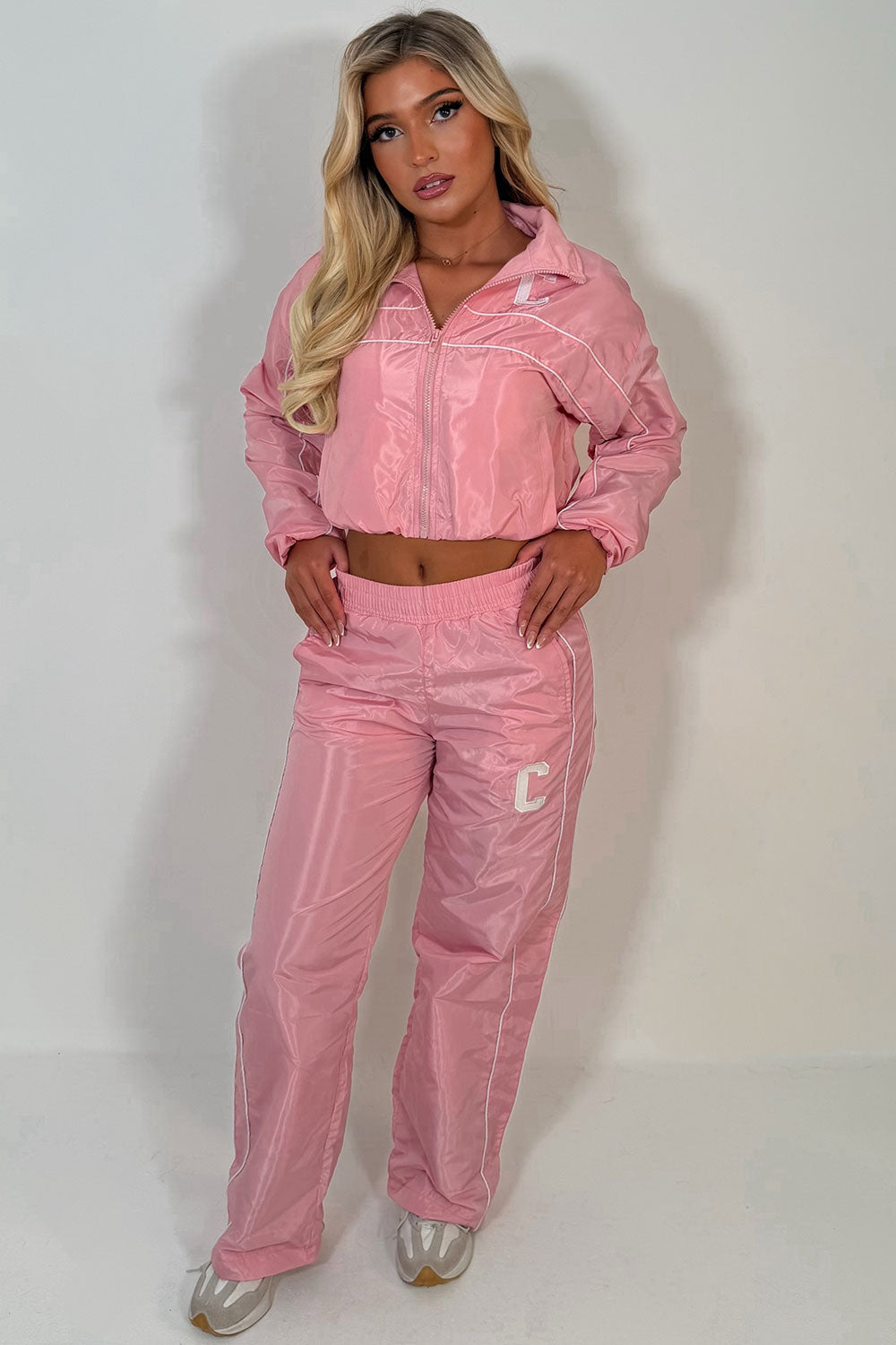 womens crop jacket and track trousers two piece co ord set pink styledup