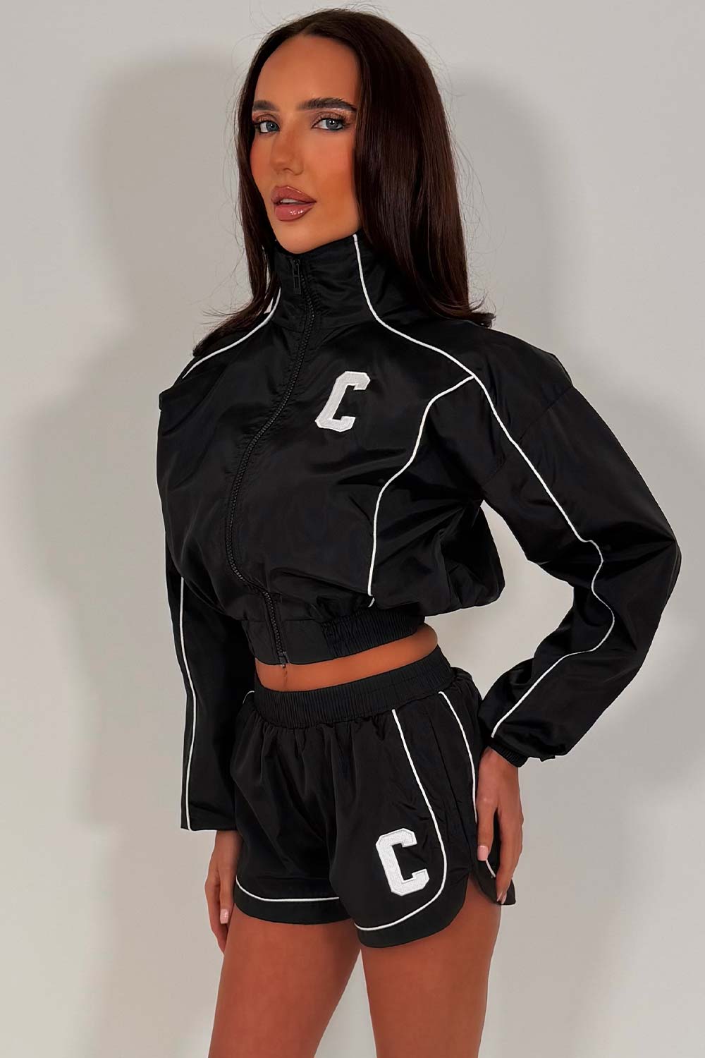 womens crop jacket and shorts two piece summer tracksuit co ord set black styledup