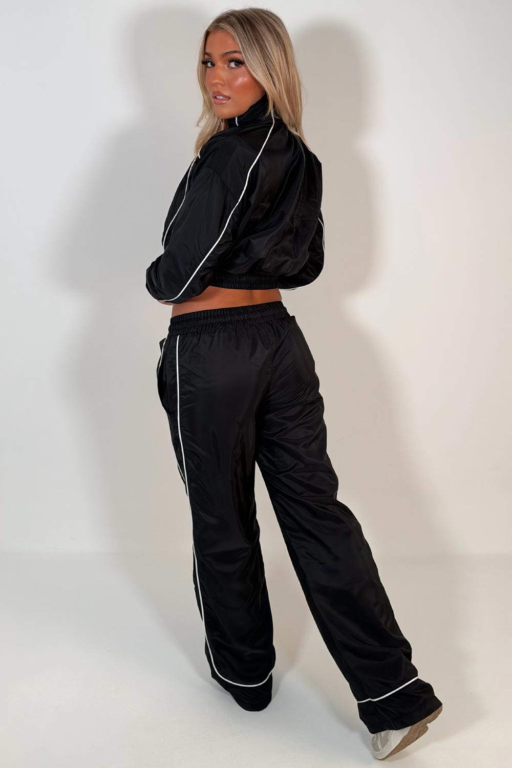 womens crop funnel neck jacket and trousers two piece tracksuit co ord set black styledup