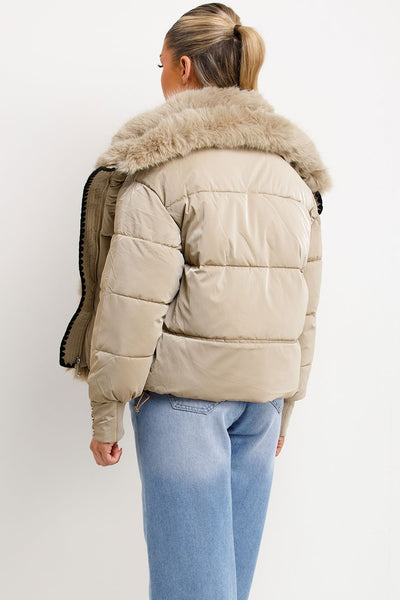 3577 Khaki Faux Fur Collar Puffer Coat