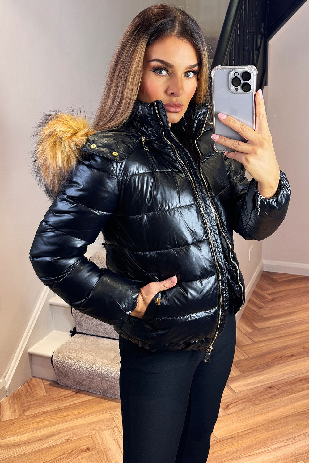 faux fur hood padded puffer shiny jacket moncler inspired