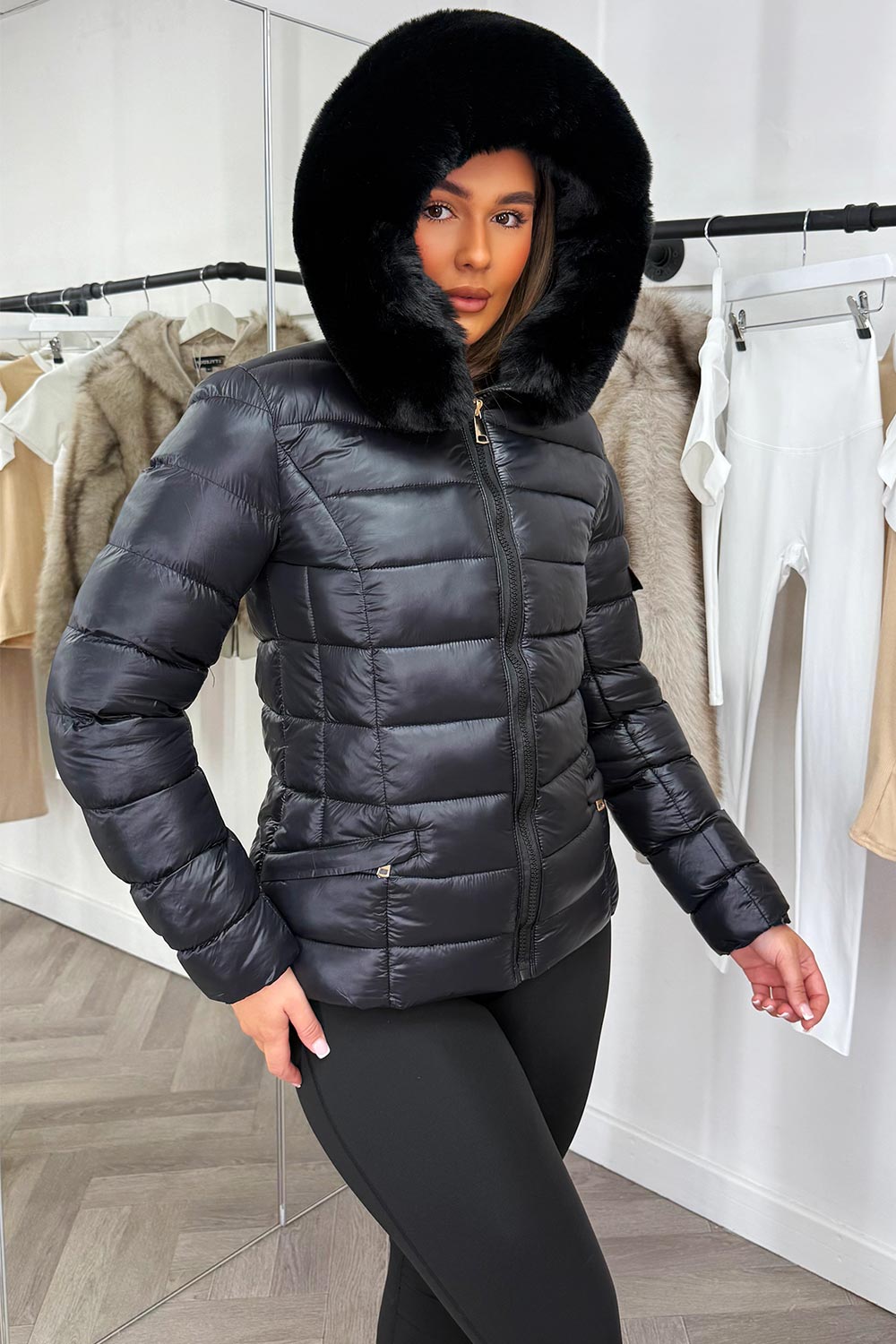 fur hood shiny puffer jacket styledup