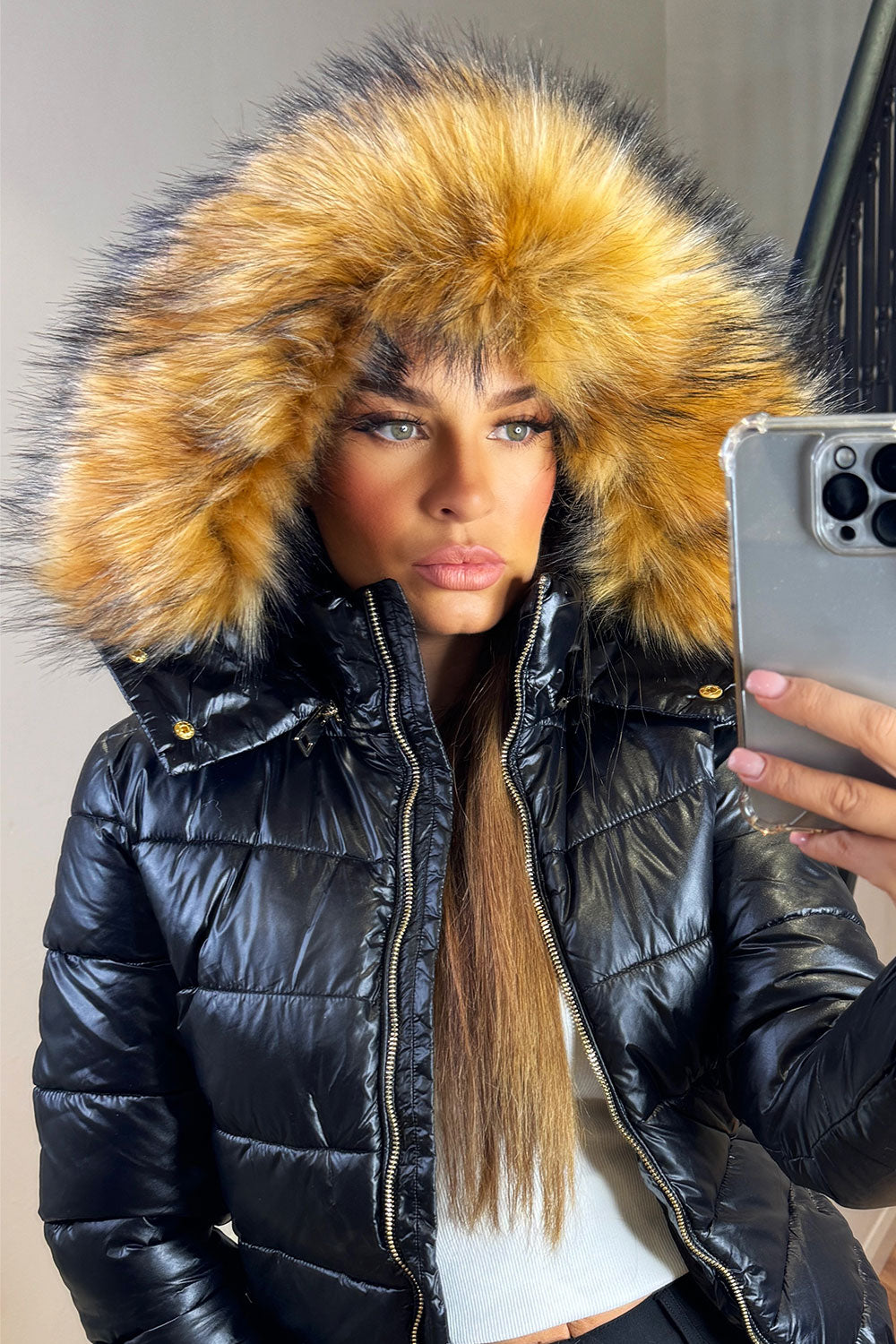 faux fur hood puffer padded jacket womens moncler inspired