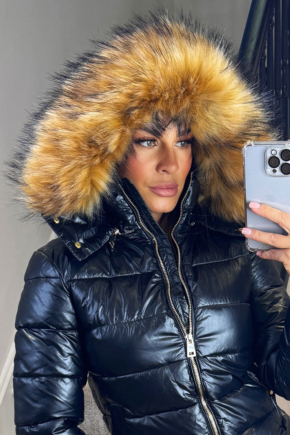 womens black padded puffer jacket with fur hood black