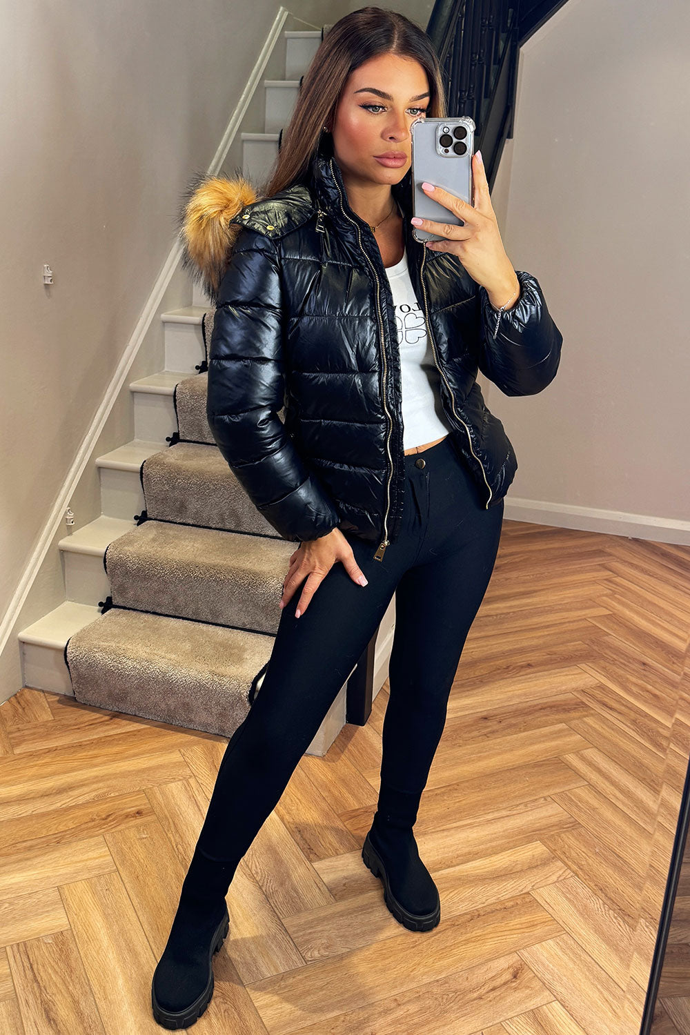 black faux fur hood puffer padded jacket