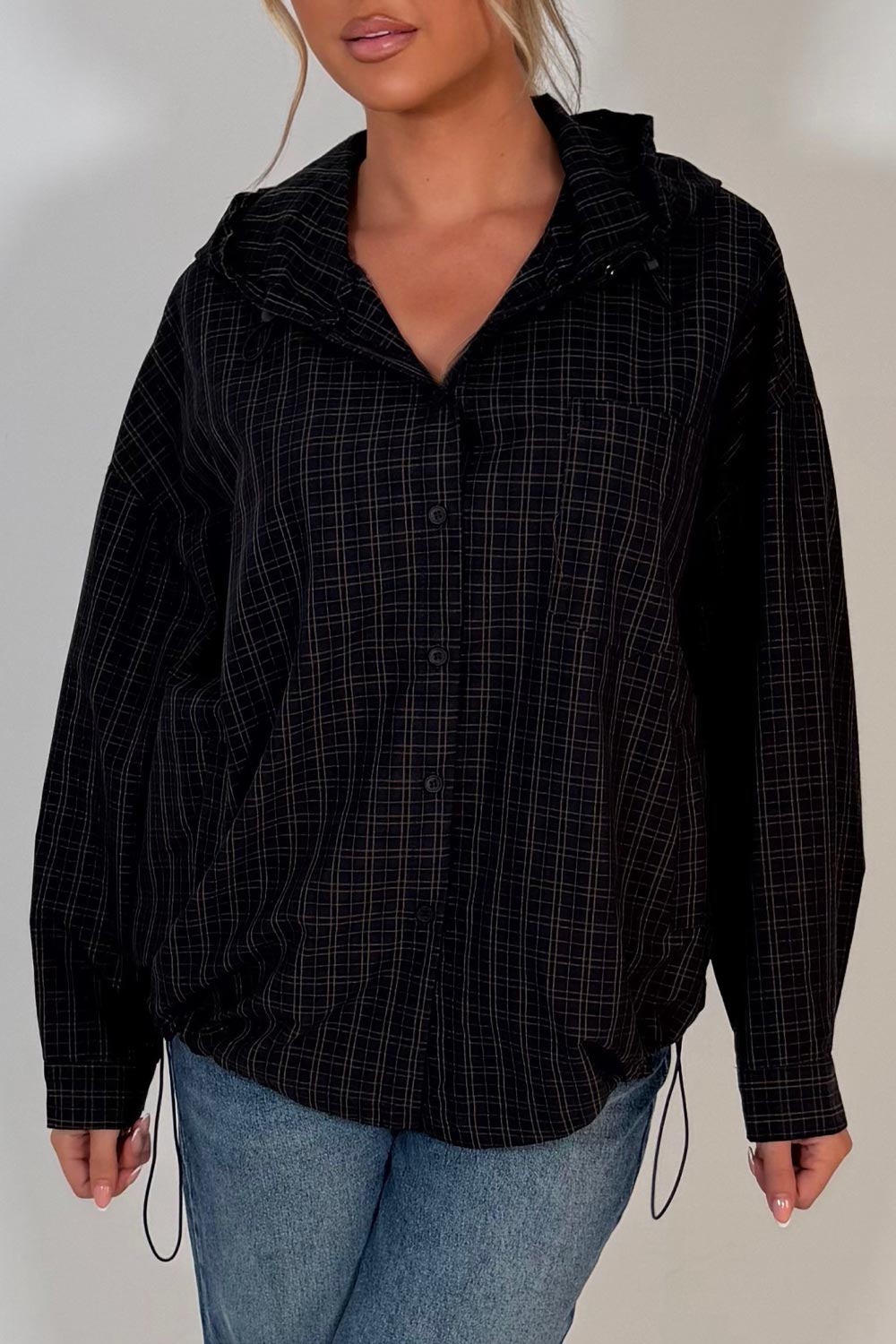 womens plaid checked jacket with hood long sleeves drawstring hem styledup uk