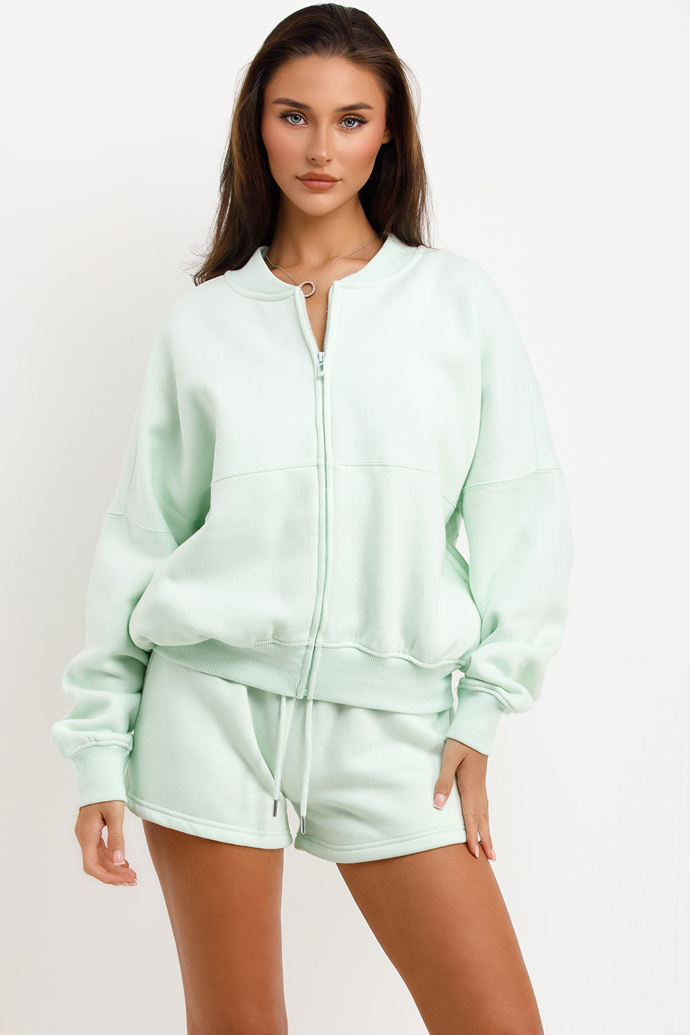 womens zip up bomber jacket and short tracksuit summer lounge set airport outfit