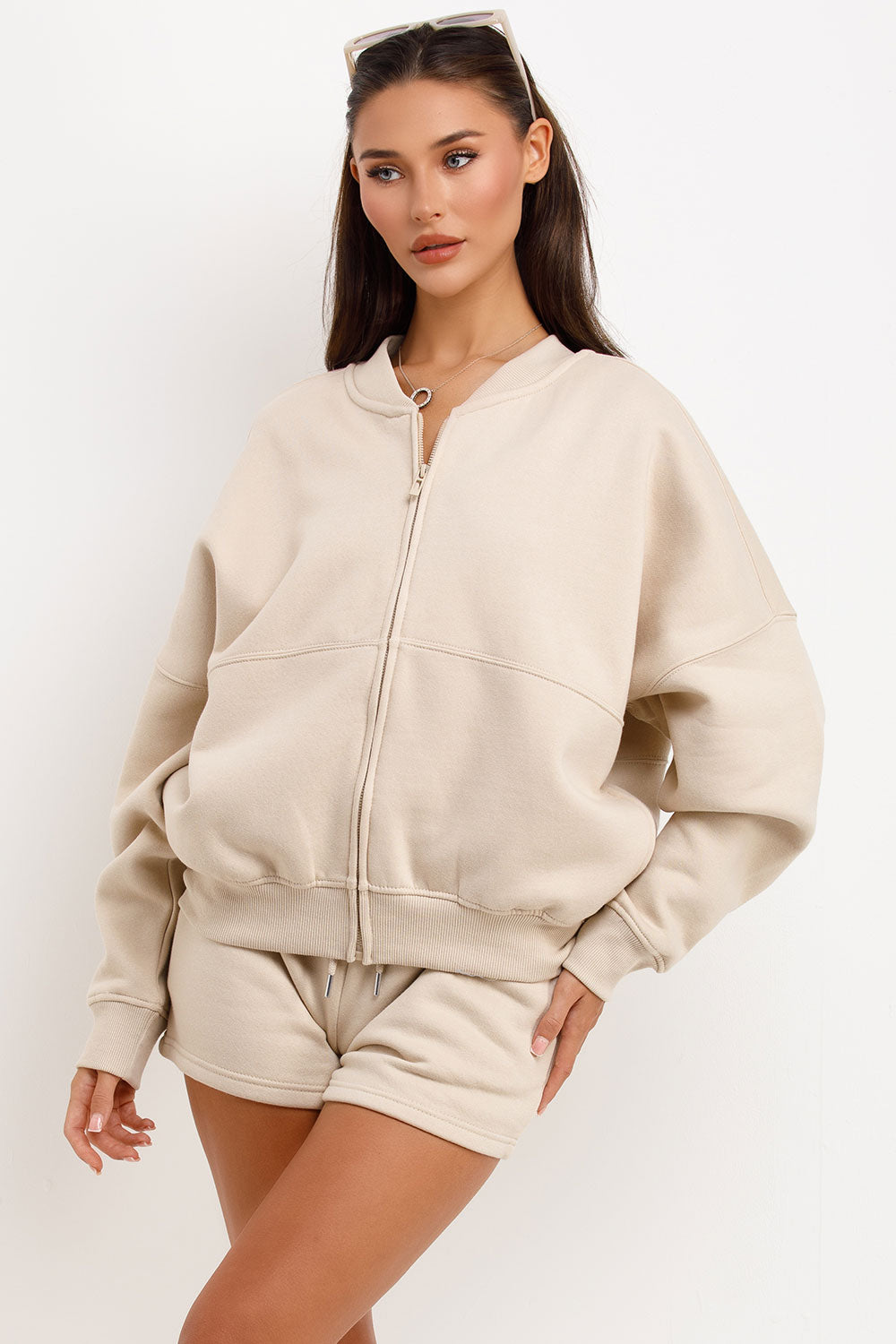 womens zip up bomber jacket and short tracksuit summer lounge set airport outfit