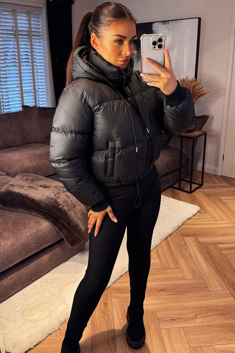 black puffer jacket with hood styledup