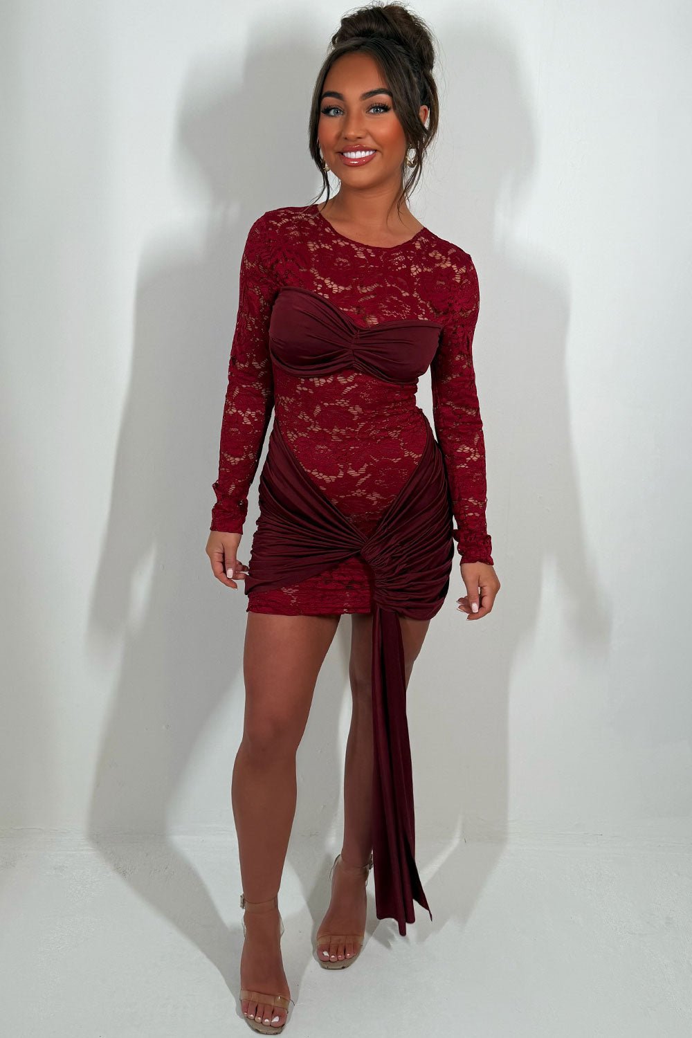 long sleeve lace dress with slinky drape detail christmas party new years eve outfit