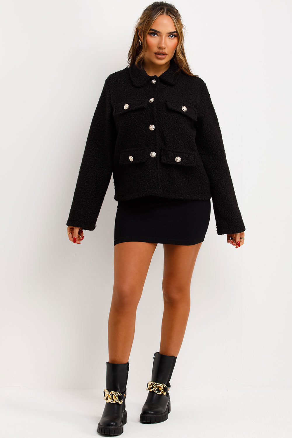 womens boucle jacket with gold buttons