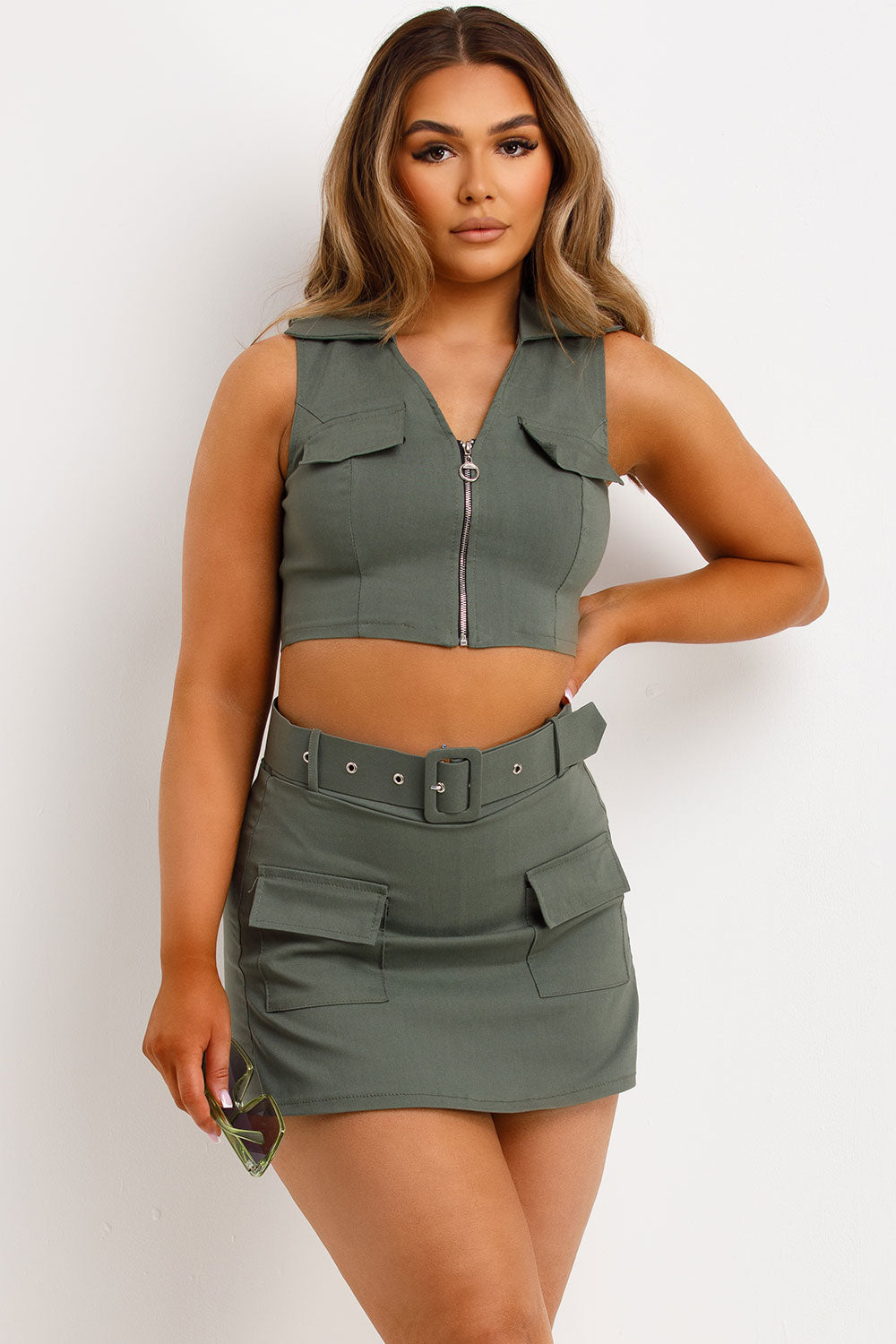belted cargo skort and collar crop top two piece co ord set rave festival outfit
