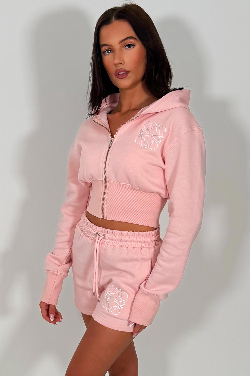 embroidery detail crop hoodie and shorts two piece co rod set styledup uk