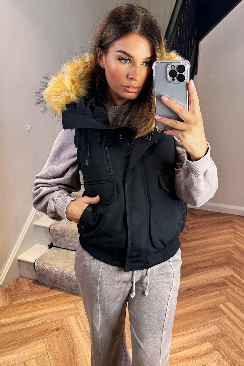 canada goose inspired bomber sleeveless jacket with fur hood