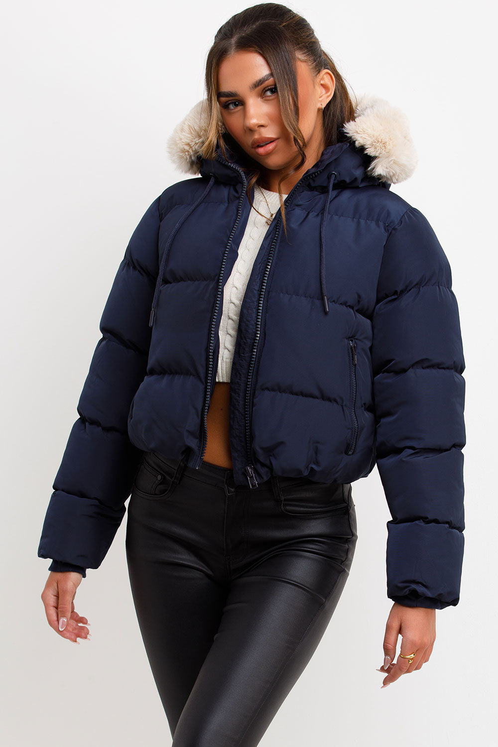 womens faux fur hood padded puffer coat styledup