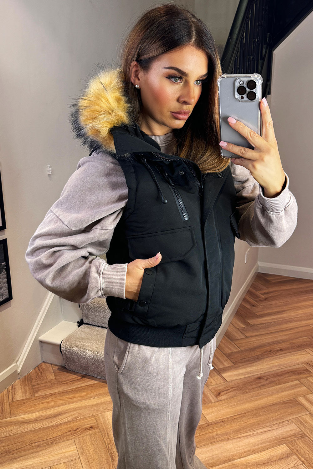 womens zavetti canada bomber sleeveless jacket with faux fur hood