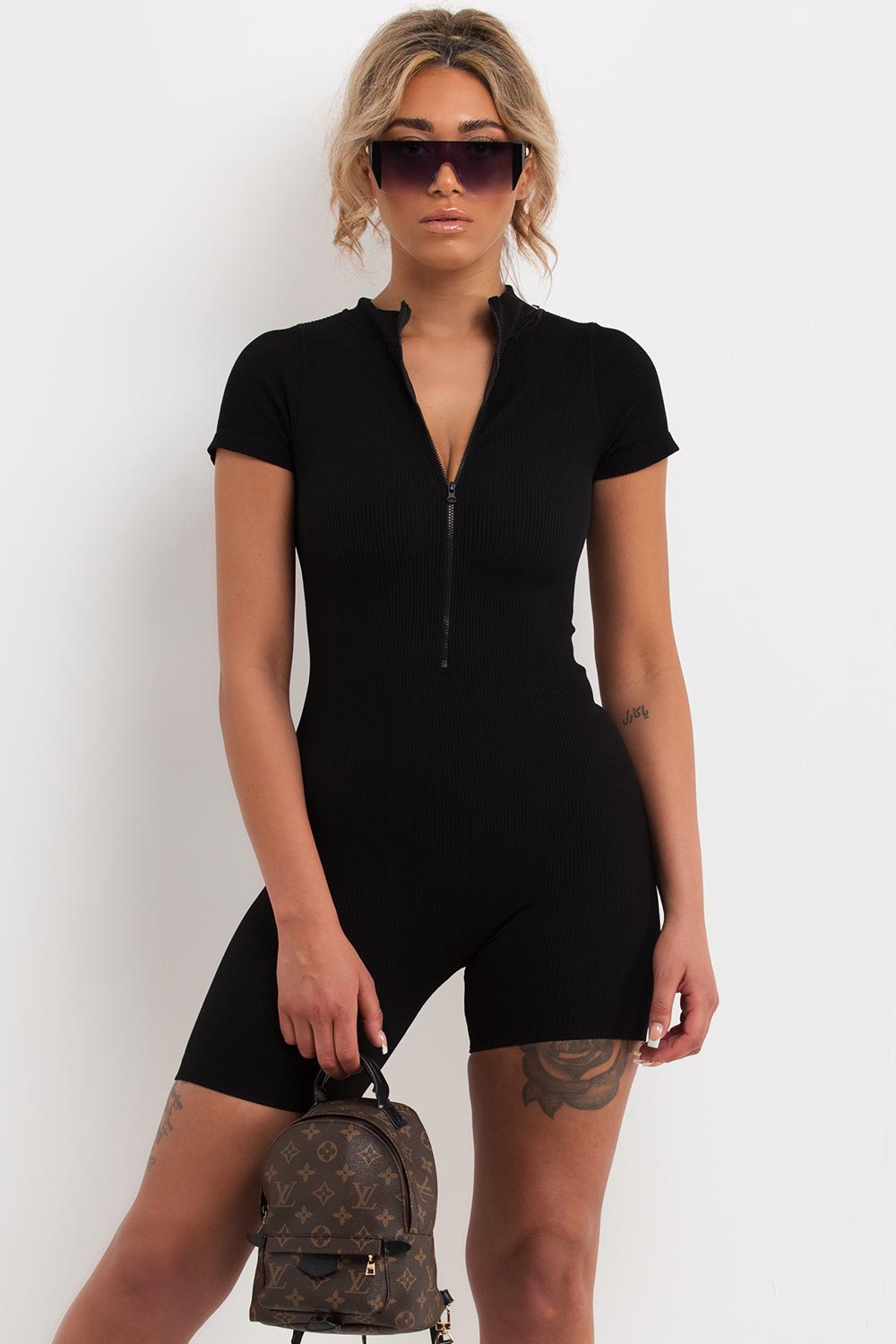 short sleeve ribbed zip front unitard playsuit