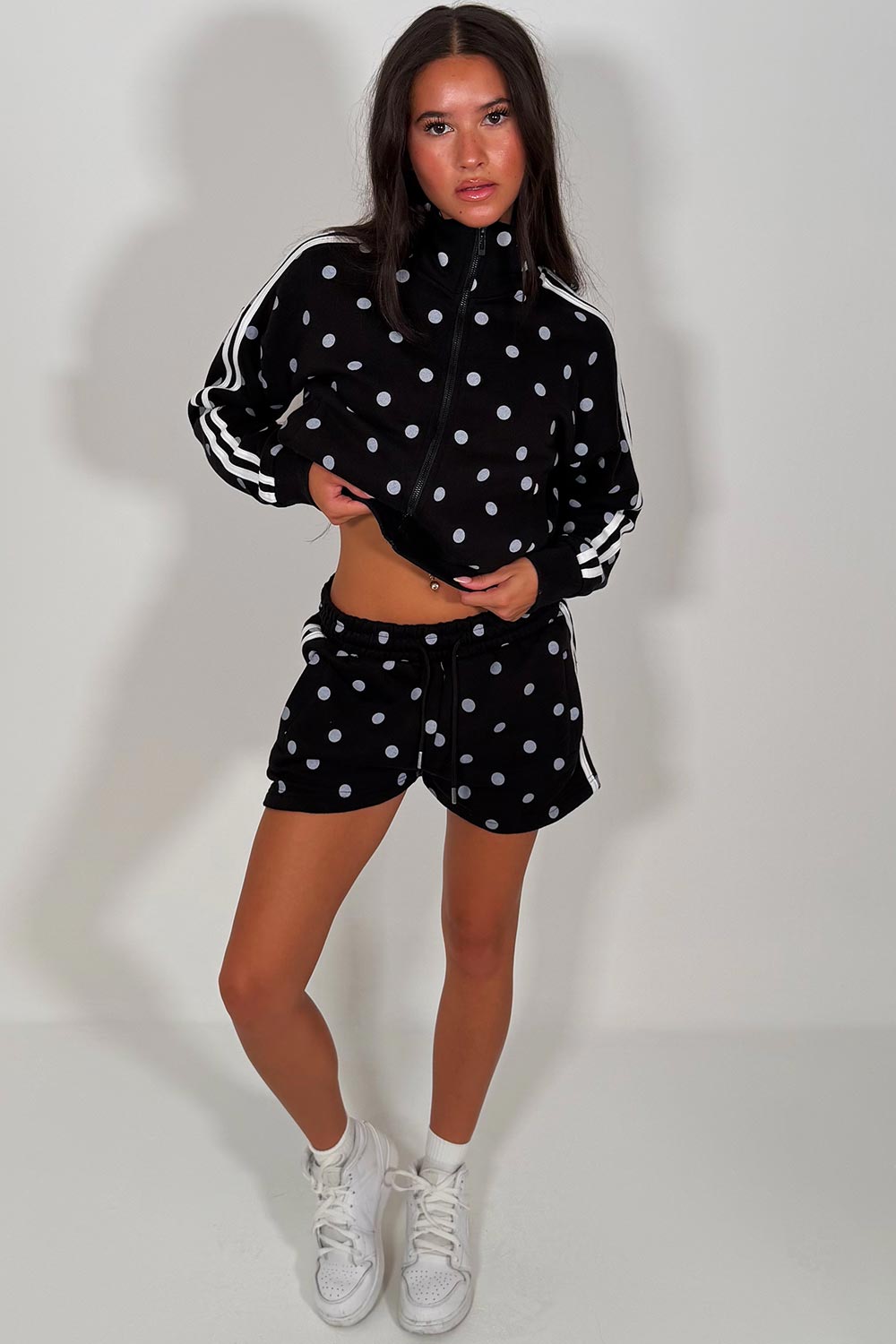 polka dot side stripe funnel neck zip up top and shorts two piece co ord set styledup short tracksuit womens styledup uk