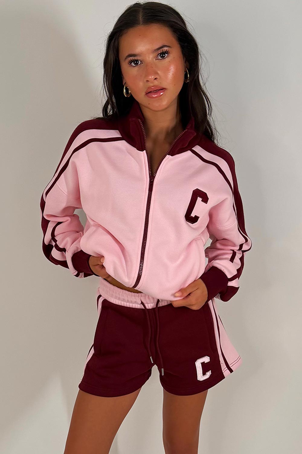 womens zip up sweatshirt and shorts lounge set tracksuit styledup